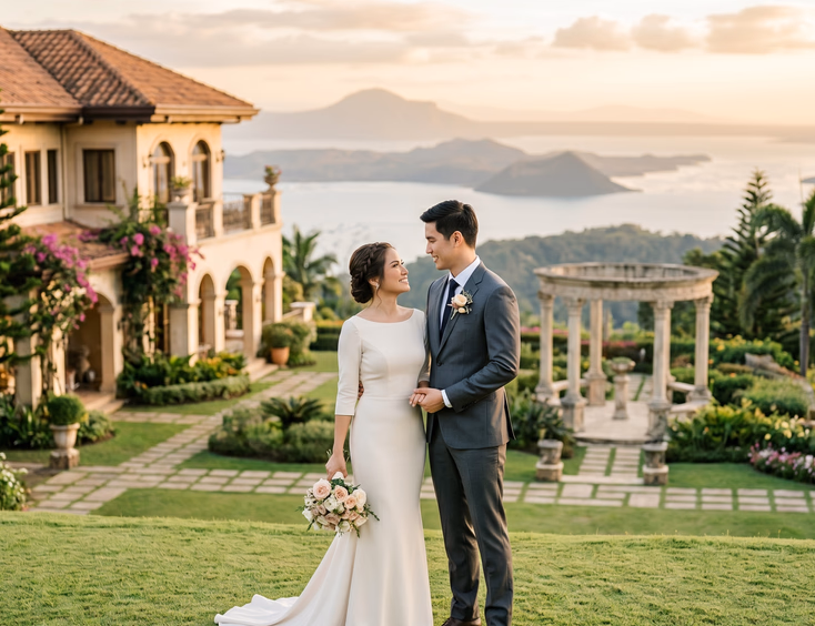 Filipino couple in an ivory gown and charcoal suit with Taal Volcano in the background at a Tagaytay estate prenup shoot.