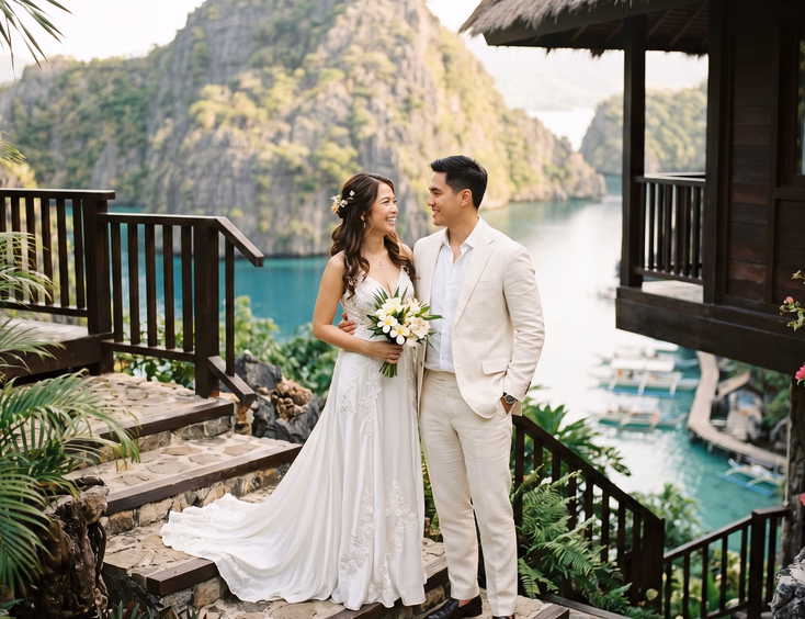 Filipino couple in a white silk gown and cream linen suit at an exclusive Palawan island resort prenup.