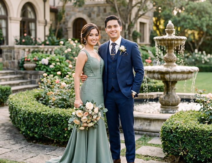 Filipino couple in a sage green gown and navy suit posing in a private estate garden for a prenup.