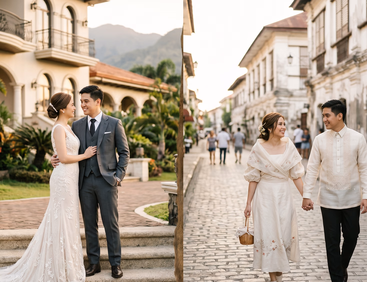 Split composition of a Filipino couple in prenup attire featuring a Tagaytay estate and a Spanish-era heritage town.