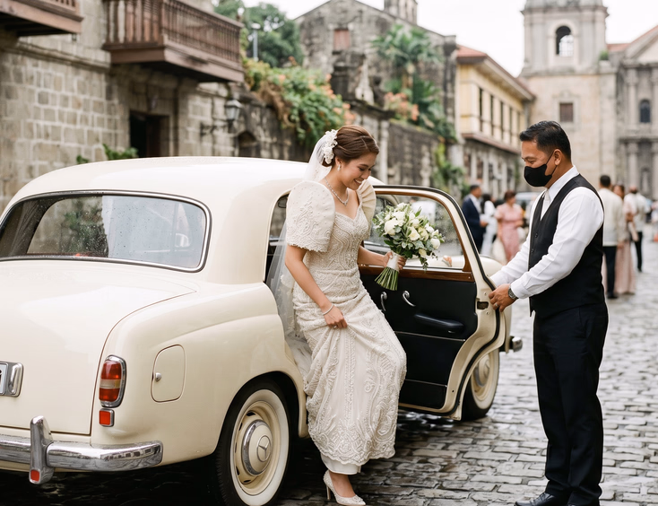 Filipino bride in beaded ivory terno with butterfly sleeves stepping into a restored cream 1950 Mercedes-Benz 170D assisted by a chauffeur on a cobblestone street in Intramuros Manila with old stone walls in the background