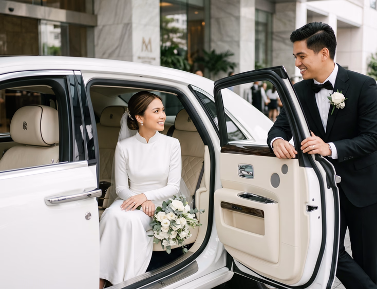 Filipino bride in white minimalist wedding gown sitting in the rear seat of a white Rolls-Royce Ghost with a bridal bouquet of white roses and groom in black suit leaning against the open door at a modern five-star hotel entrance in Makati