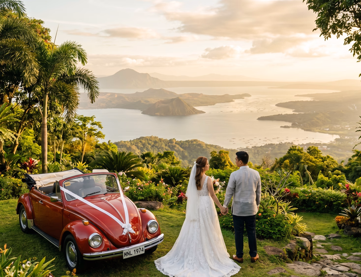 Restored red Volkswagen Beetle convertible with white ribbon parked on a hilltop garden overlooking Taal Lake in Tagaytay with a Filipino bride in A-line gown and groom in light gray Barong Tagalog standing beside the car facing the view