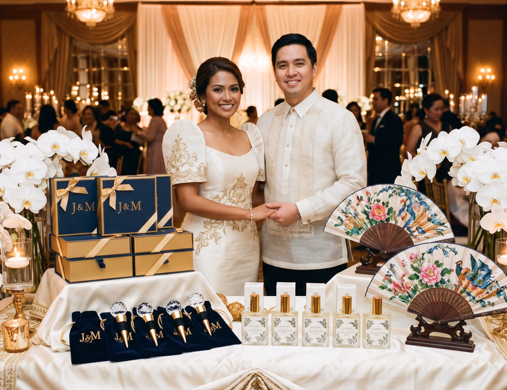 Filipino bride in a modern terno and groom in a barong tagalog standing behind an elegant ivory and gold giveaway display table at a Manila hotel wedding reception featuring foil-stamped gift boxes, crystal wine stoppers, artisan perfume bottles, and hand-painted silk fans framed by white orchids and candlelight