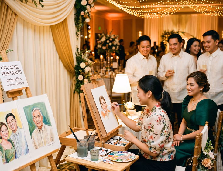 Female portrait artist painting a gouache portrait of a Filipino wedding guest at an easel during a wedding reception portrait station in an elegant ballroom with finished portraits displayed and guests watching with drinks in hand under warm string lights