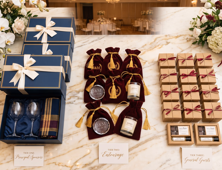 Overhead view of a tiered Filipino wedding giveaway display on a marble table with large rigid boxes of engraved glassware and inabel scarves for sponsors on the left, velvet pouches with crystal paperweights for the entourage in the center, and kraft boxes of artisan chocolate and mini perfume rollerballs for general guests on the right