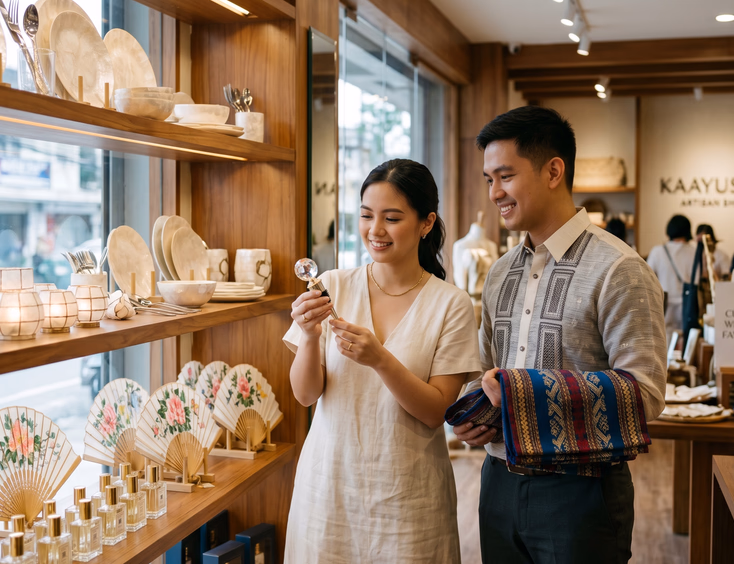 Young Filipino couple browsing luxury wedding giveaway options in a curated artisan shop with shelves displaying mother of pearl tableware, capiz shell tea light holders, hand-painted silk fans, and perfume bottles while the woman examines a crystal wine stopper and the man holds a handwoven textile