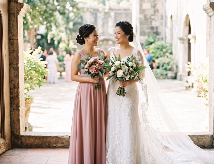 Filipino maid of honor in dusty rose gown with pearl-pinned low bun standing beside a Filipino bride in structured updo and cathedral veil inside a bright church doorway holding bouquets