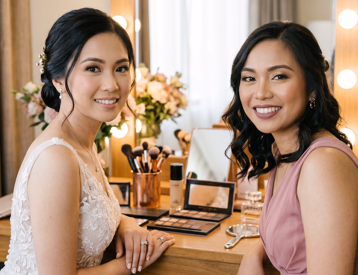 Close-up of Filipino bride with soft glam nude pink lip and maid of honor with mauve lip and shimmer eyeshadow sitting side by side at a bridal vanity with warm lighting