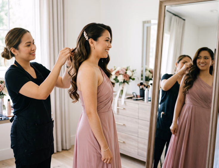 Filipino maid of honor in one-shoulder dusty rose chiffon dress with swept waves and jeweled clip standing in front of a full-length mirror while her HMUA adjusts her hair near her bare shoulder