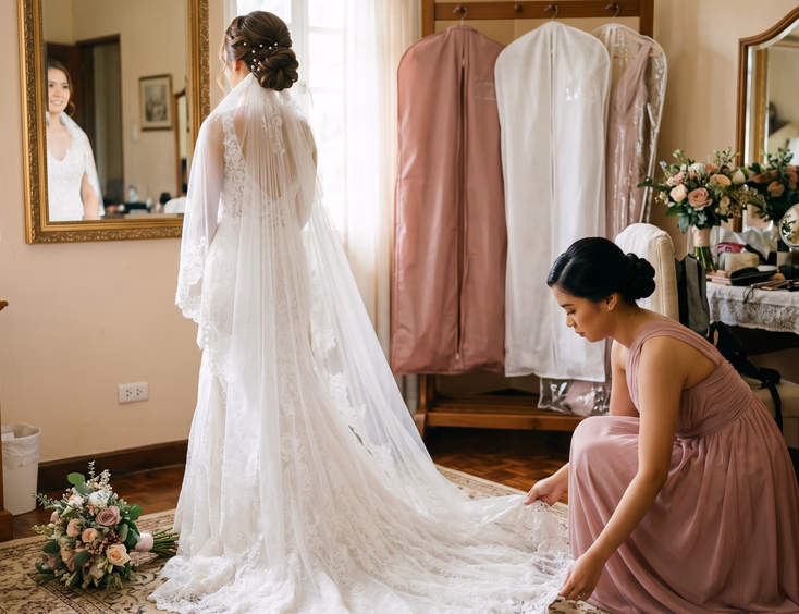 Filipino maid of honor in dusty rose gown kneeling to adjust a Filipino bride's wedding dress train while the bride faces a large mirror with a cathedral veil draped from her updo in a bridal suite