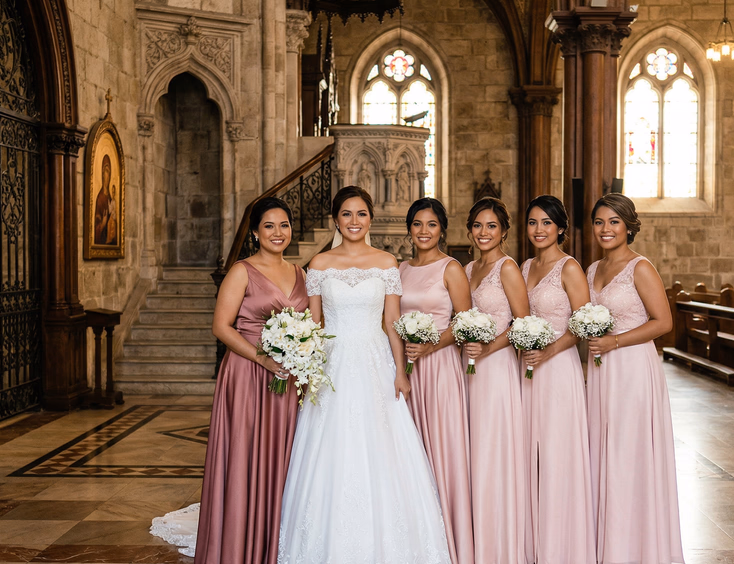 Filipino bride in white gown flanked by maid of honor in dusty rose and bridesmaids in blush gowns inside a grand Catholic church lobby, wide editorial wedding photo Philippines