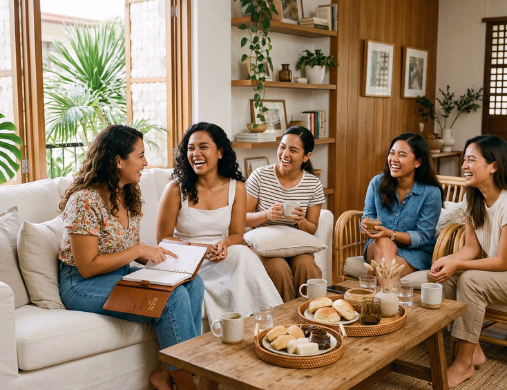 Filipino bride and closest friends laughing on a white sofa and rattan chairs in a bright modern sala, candid lifestyle editorial photo with maid of honor holding a wedding planner Philippines