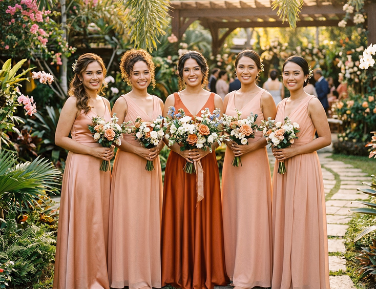 Filipino maid of honor in deep terracotta gown standing at center flanked by bridesmaids in dusty peach gowns at a garden wedding venue in the Philippines, editorial fashion photography with golden afternoon light