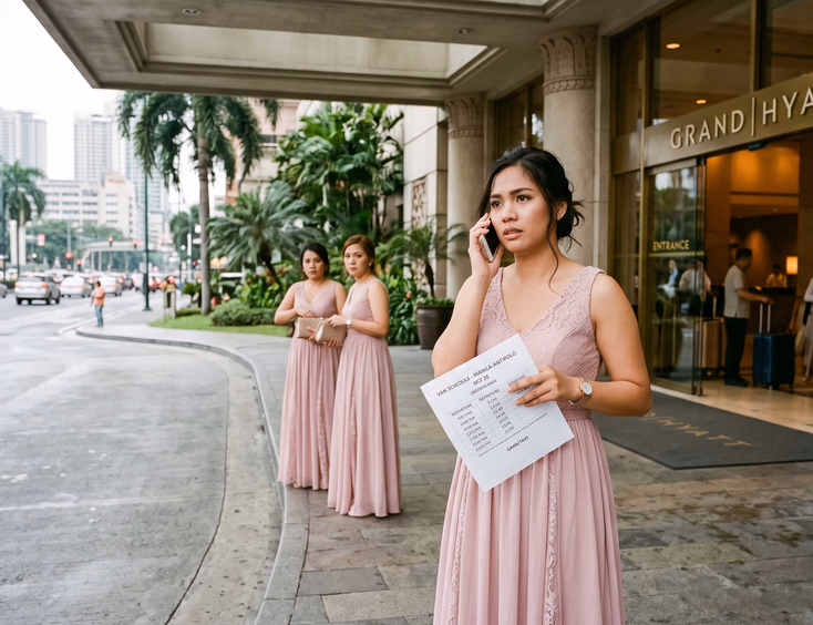 Filipino maid of honor in a pastel dress holding a phone and printed transport schedule outside a Philippine hotel lobby with two bridesmaids waiting near the curb in early morning soft light with slight tension on their faces