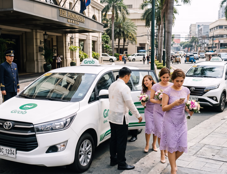 Three Filipino bridesmaids in lavender dresses and a groomsman in Barong Tagalog climbing into a white GrabCar SUV outside a Manila hotel with a second GrabCar pulling up and a hotel doorman watching from the entrance