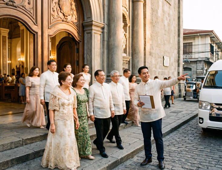 Filipino man in Barong Tagalog holding a clipboard directing older Filipino principal sponsors in formal attire toward a white van outside a Philippine church at warm late afternoon golden hour