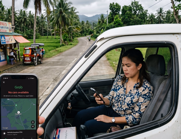 Filipino wedding coordinator sitting inside a parked white van on a rural Philippine provincial road holding a phone showing a Grab app no cars available message with coconut trees green fields and a sari-sari store visible through the window
