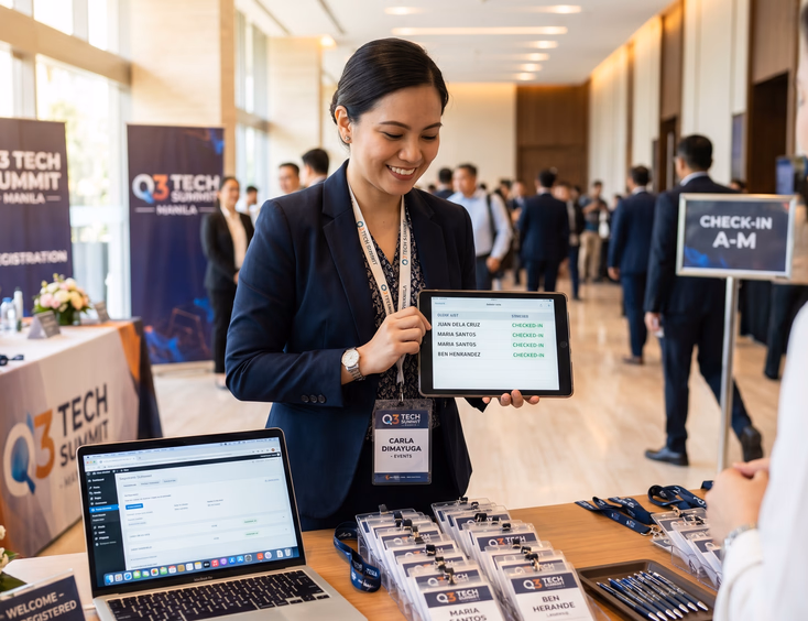 Filipino event coordinator in business attire reviews a guest list on a tablet at a corporate event hall check-in registration table.