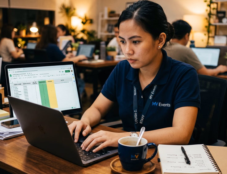 Filipino event staff member at an office desk updating a guest attendance response spreadsheet on a laptop during corporate event planning.