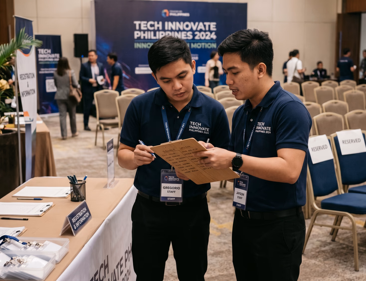 Two Filipino corporate event staff members in polo shirts discussing the guest registration checklist over a clipboard at a venue table.