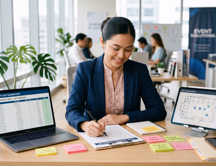 Filipino events manager in smart office attire tracking items on a printed checklist at a corporate workspace with a guest list laptop.