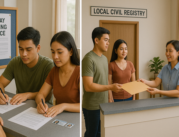 Young Filipino couple completing forms, viewing a posting notice, then claiming their license at the LCR