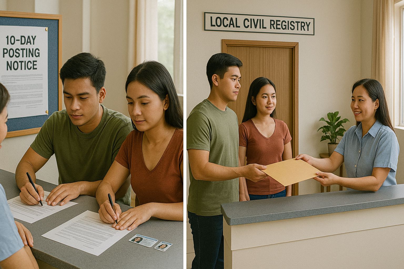 Young Filipino couple completing forms, viewing a posting notice, then claiming their license at the LCR