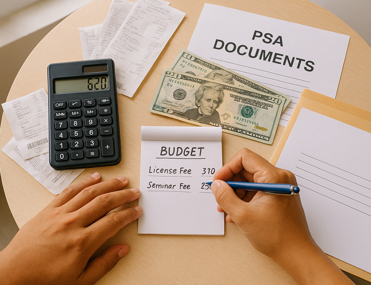 Overhead view of a civil wedding budget with receipts, calculator, and PSA documents