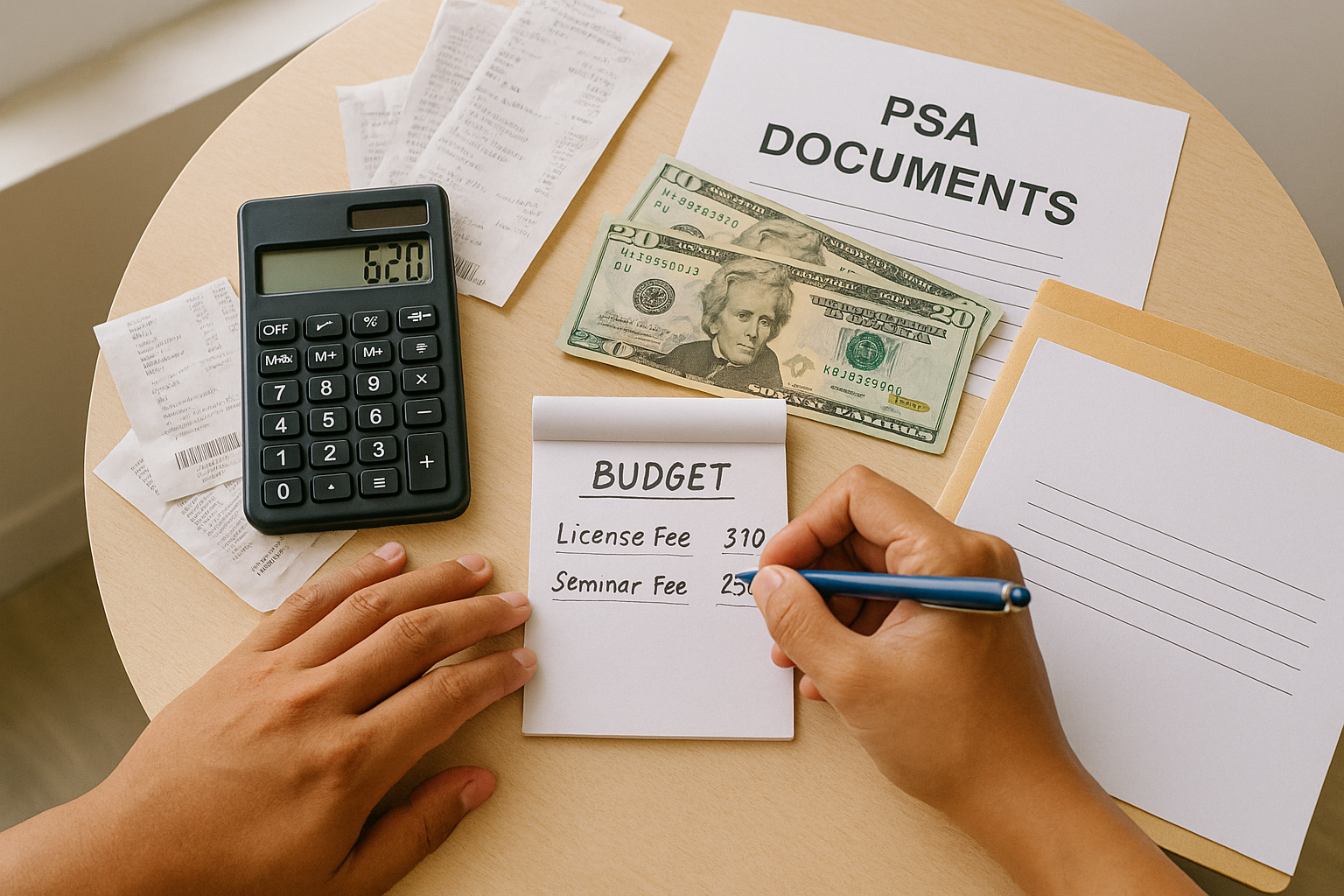 Overhead view of a civil wedding budget with receipts, calculator, and PSA documents