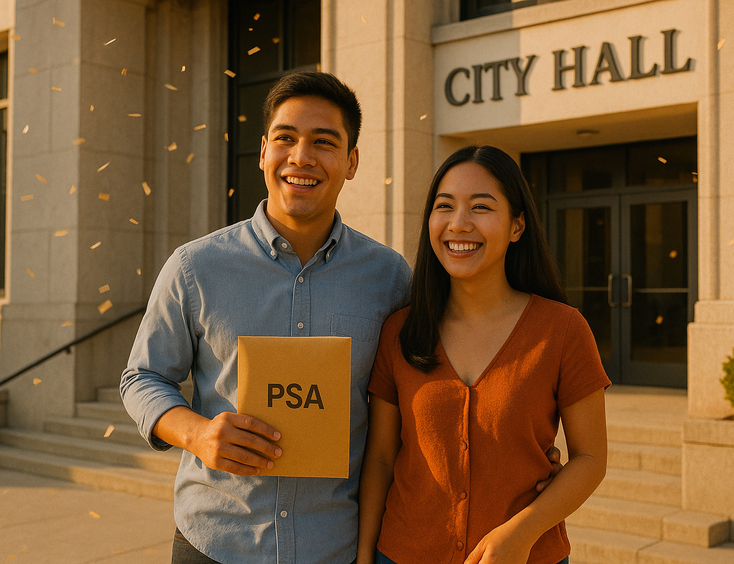 Young Filipino couple leaving the LCR holding their license envelope and smiling