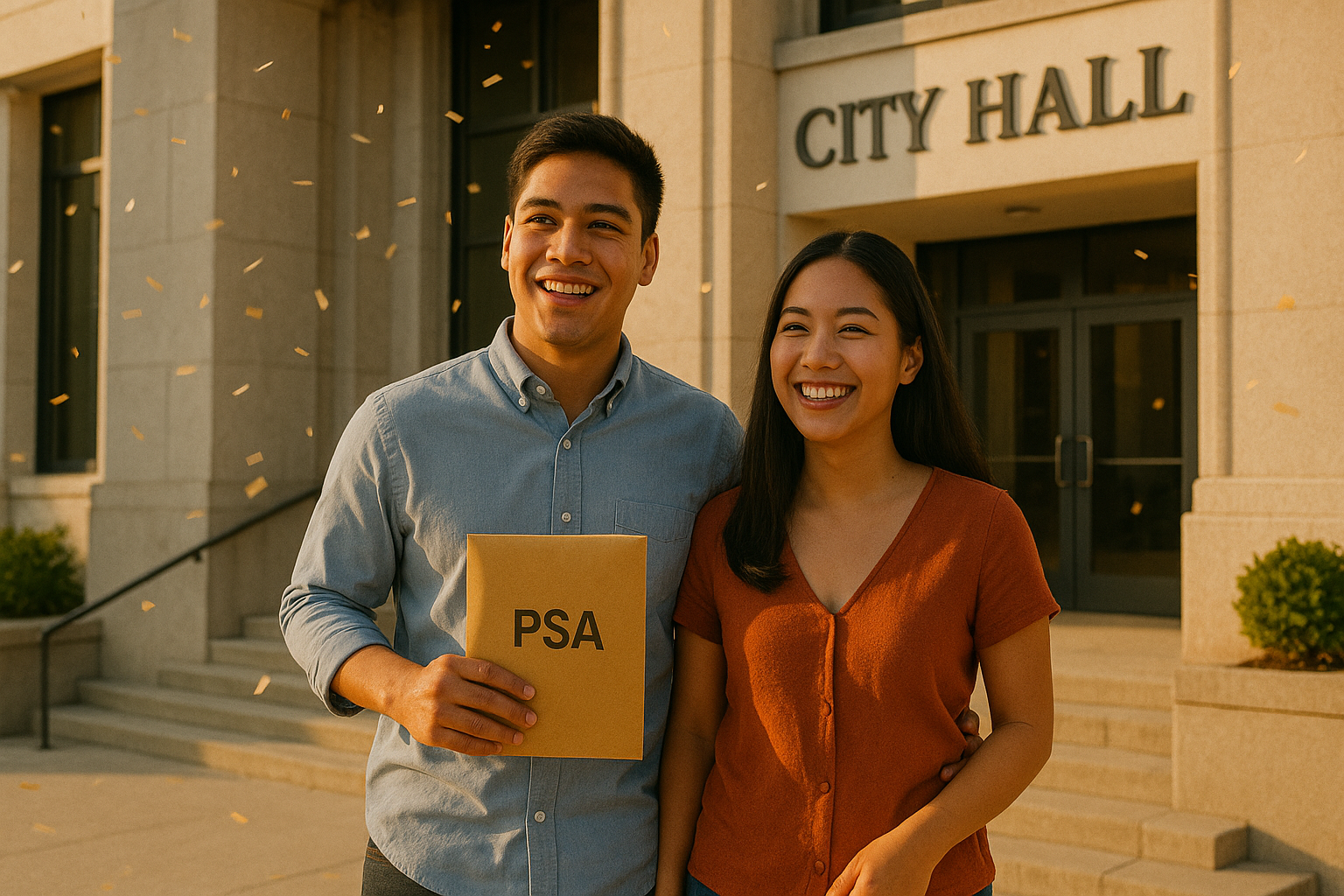 Young Filipino couple leaving the LCR holding their license envelope and smiling