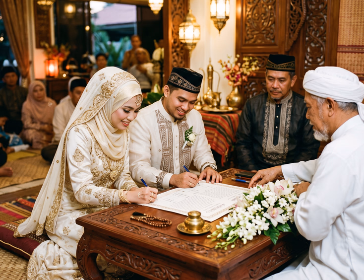 Filipino Muslim bride and groom signing the aqd marriage contract with an Imam.