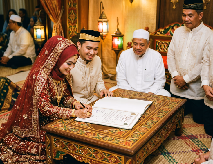 Close-up of a Filipino Muslim couple signing their aqd marriage contract document.