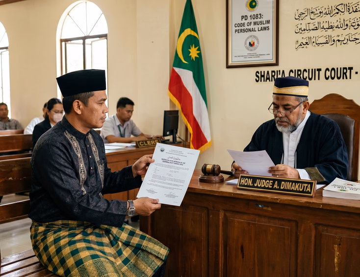 Filipino Muslim man submitting a subsequent marriage petition to a judge at a Shari'a Circuit Court.
