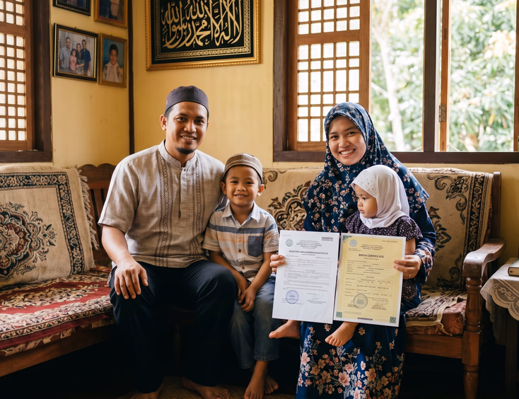 Filipino Muslim family holding a registered marriage certificate from the Office of the Circuit Registrar.