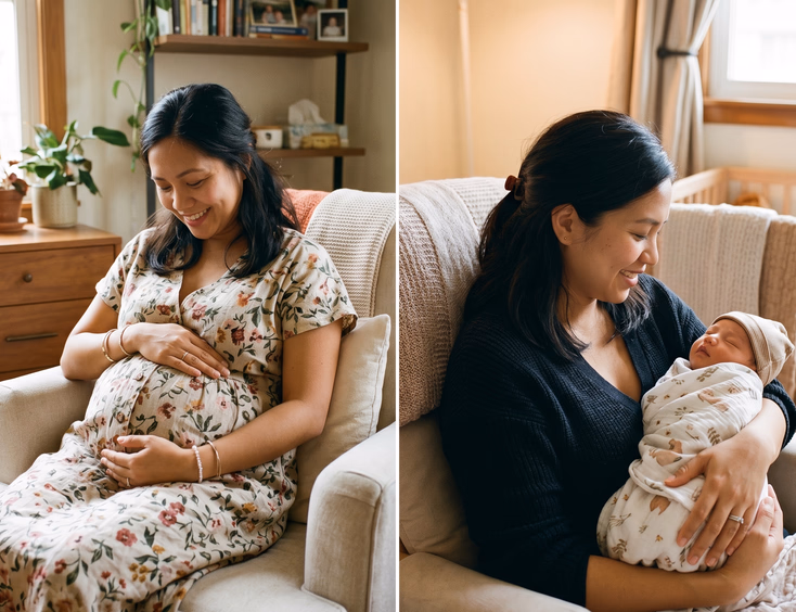 Side-by-side comparison of a pregnant Filipino woman cradling her baby bump and later holding her sleeping newborn, shown in a warm tone.