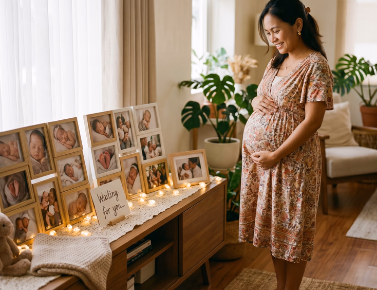 A pregnant Filipino woman gently holding her baby bump stands beside a soft display of newborn photos in warm natural light, anticipating motherhood.