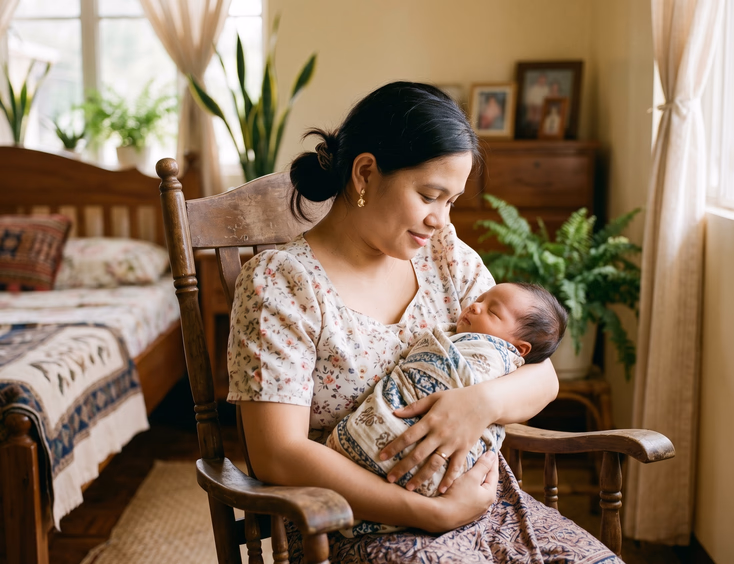 Tender photograph of a Filipino mother cradling her swaddled, sleeping newborn baby in a warm, quiet indoor setting with soft gentle light.