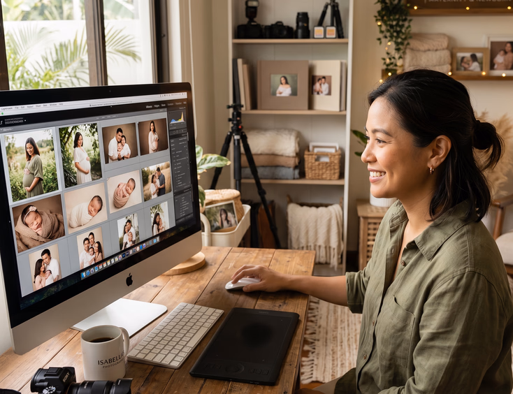A Filipino photographer reviews maternity and newborn portfolio images on a large screen within a bright, professional studio setting with a warm mood.