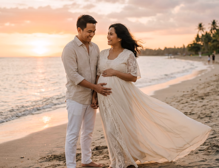 A pregnant Filipina in a flowing gown poses for a maternity photoshoot on a beach during golden hour with her partner gently holding her belly.