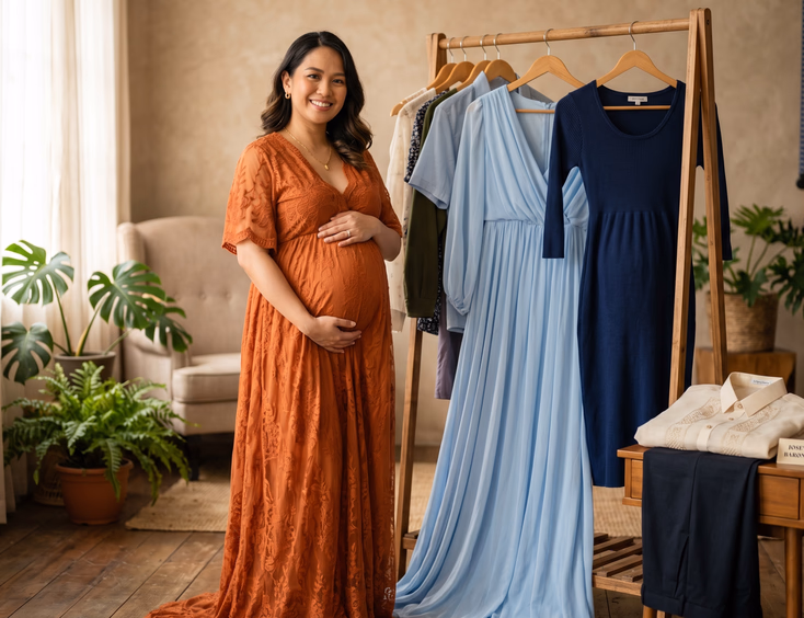 A pregnant Filipina tries different outfits at a maternity photoshoot studio, with a flowing gown, a fitted dress, and a barong on racks nearby.