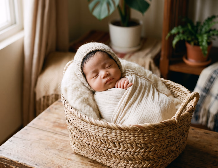 A sleeping Filipino newborn swaddled in a soft neutral wrap nestles within a woven native basket, wearing a tiny knit bonnet under warm light.