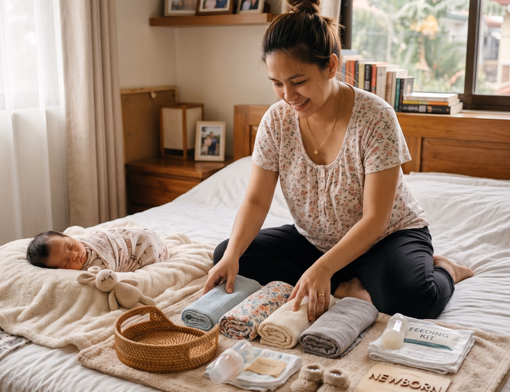 A Filipino mother prepares for a home newborn photoshoot by laying out swaddle wraps, props, and a feeding kit on a bed while the baby rests.