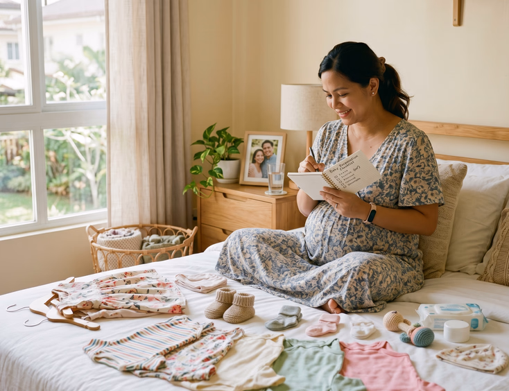 An organized pregnant Filipino woman reviews a checklist while laying out dresses and accessories on a bed in soft natural home light.