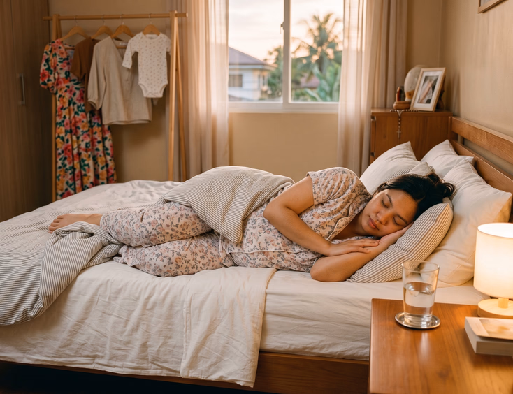 A pregnant Filipino woman rests peacefully in bed with a glass of water on the nightstand and her maternity outfits hung ready nearby.