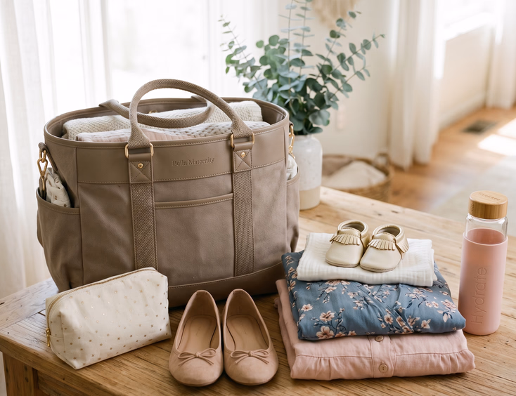 A packed maternity shoot bag sits open on a table showing neatly arranged folded dresses, flat shoes, a water bottle, and baby shoes.