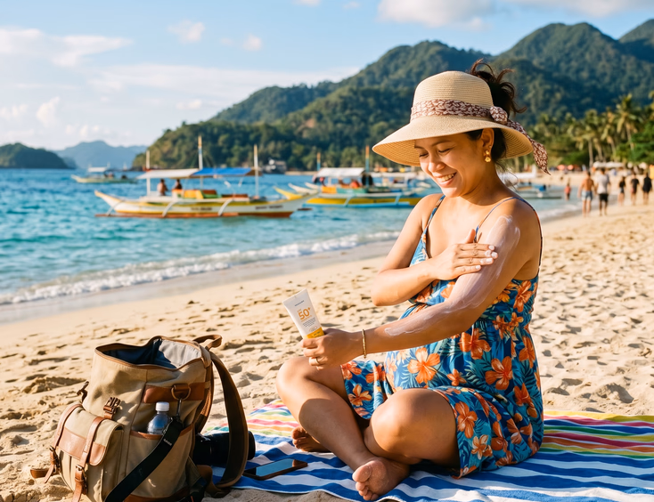 A pregnant Filipino woman wearing a sun hat applies sunscreen on a beautiful tropical beach with her packed maternity shoot bag nearby.