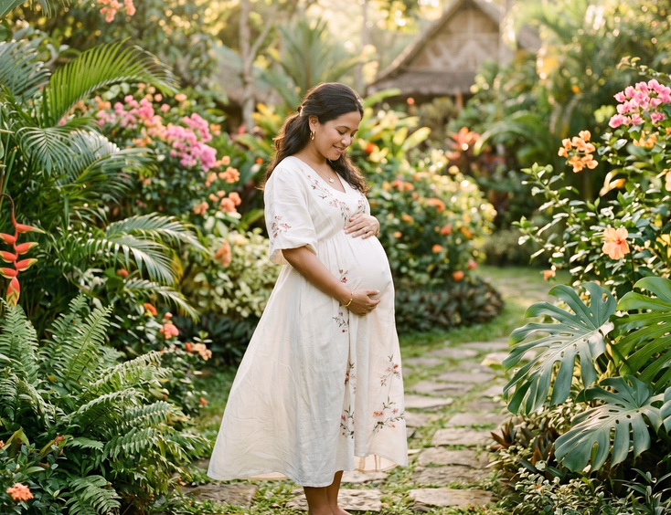 A serene pregnant Filipino woman in a flowing dress cradles her baby bump while standing inside a lush, sunlit Philippine garden.