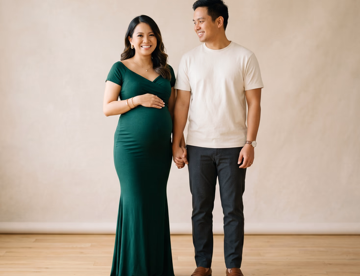 Full-length studio photo of a pregnant Filipino woman in a fitted maternity gown standing with her husband in a neutral shirt.